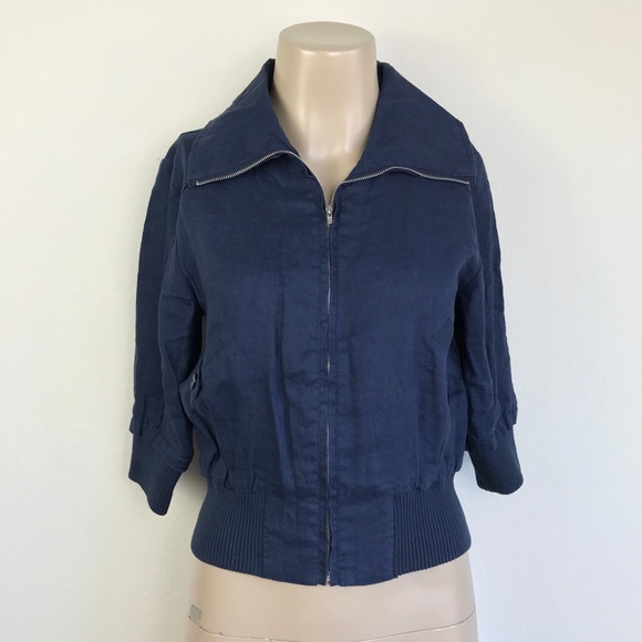 🚫SOLD🚫 Navy Blue Linen Cropped 3/4 Sleeve Jacket - Picture 2 of 8